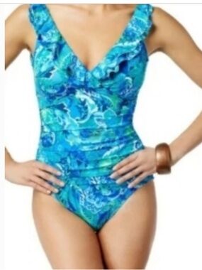 RALPH LAUREN Size 4 Blue Floral Ruffle One-Piece Woman Swimsuit